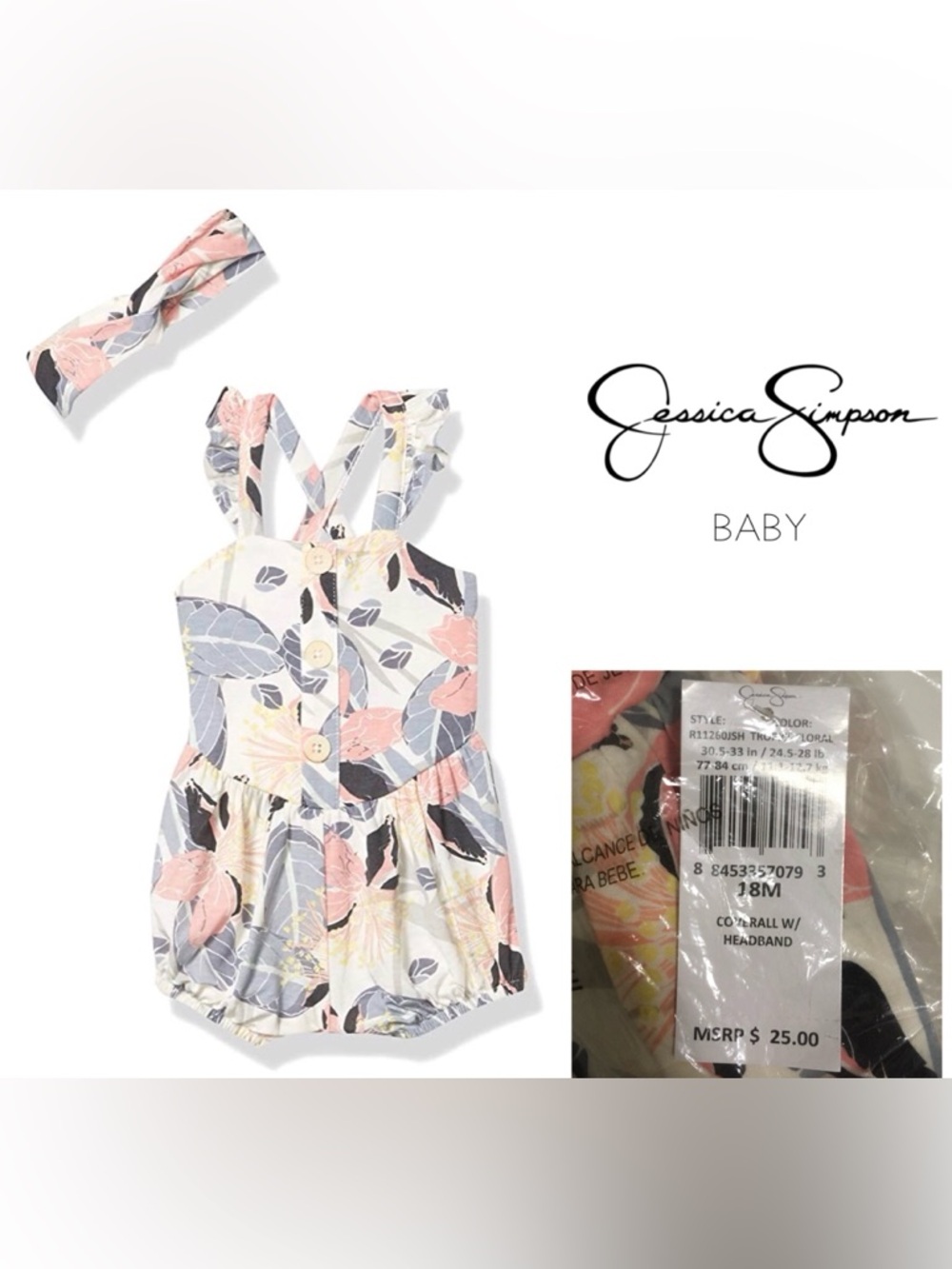 🆕JESSICA SIMPSON BABY - 18M - NWT - 2PC FLORAL ROMPER AND HEADBAND